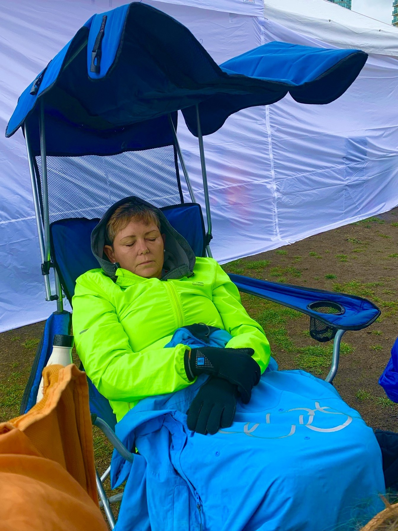 Denise getting a kip between racces on a cool day #fraserdragons